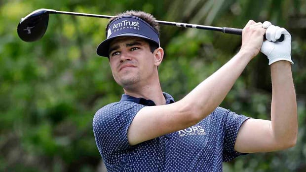 Beau Hossler hits a drive at the 5th hole during the first round of the 2023 Players Championship in Ponte Vedra Beach, Fla.